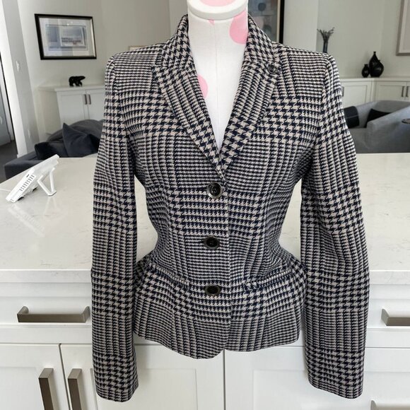 Armani Jeans 3 Button Houndstooth Lined Wool Poly Blend Blazer Navy Cream Sz 6 - Picture 15 of 15